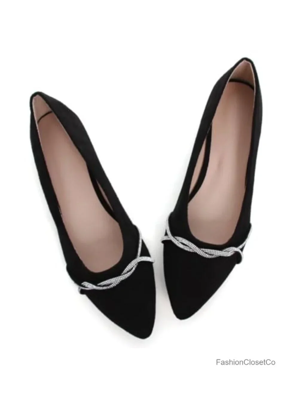 Womens Suede Pointed Toe Rhinestone Ballet Flats Slip On Comfort Dress Shoes - Picture 2 of 6